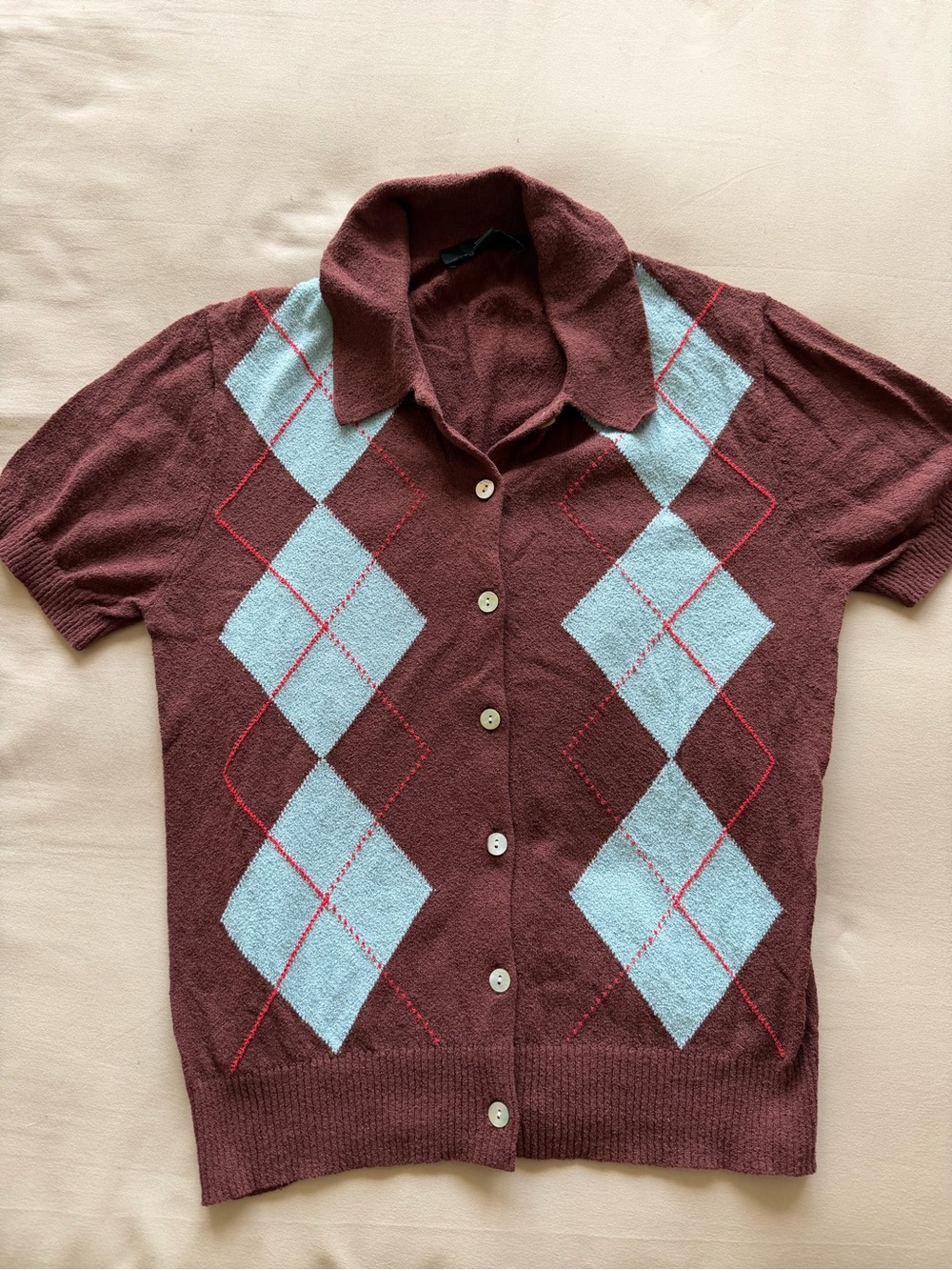 Zara Brown Short-Sleeve Argyle Cardigan with Light Blue Diamonds
